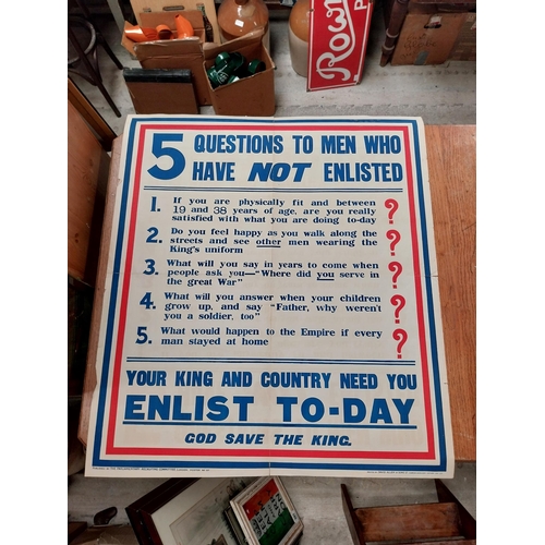 215 - Original WWI recruitment poster 5 Questions To Men Who Have Not Yet Enlisted published by the Parlia... 