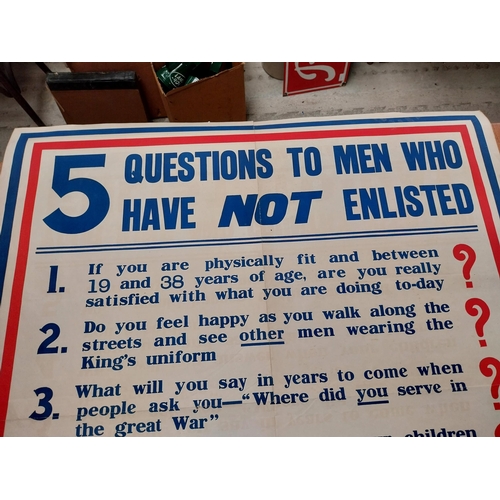 215 - Original WWI recruitment poster 5 Questions To Men Who Have Not Yet Enlisted published by the Parlia... 