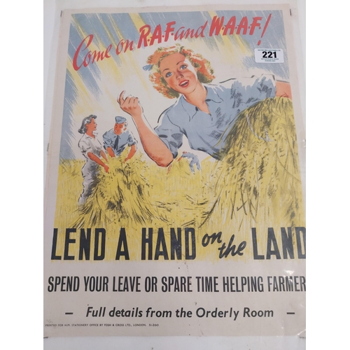 221 - Two original RAF and WAAF Lend and Hand on the Land posters. {50 cm H x 37 cm W} and {49 cm H x 36 c... 