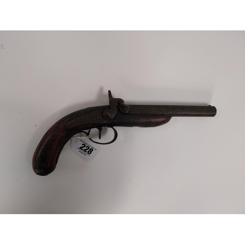 228 - 19th C. percussion capped pistol with hexagonal barrel. {33 cm L x 14 cm H}.