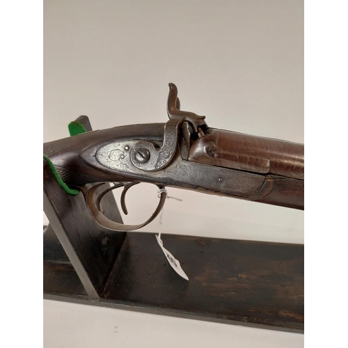 240 - 19th.C. percussion capped side-by-side double barrel shotgun, with walnut stock, chased action, dama... 