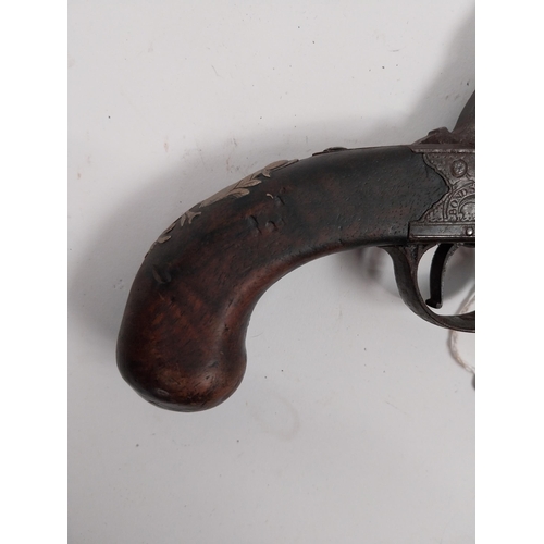 259 - 19th. C. percussion capped pistol with chased action and stamped Griffin. { 124.5cm L }.