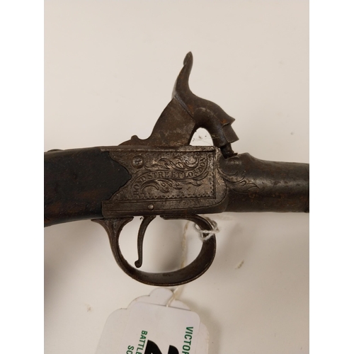 259 - 19th. C. percussion capped pistol with chased action and stamped Griffin. { 124.5cm L }.