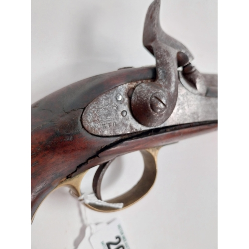 260 - 19th. C. percussion cap pistol with walnut stock, brass mounts metal ramrod and lanyard ring. Stampe... 