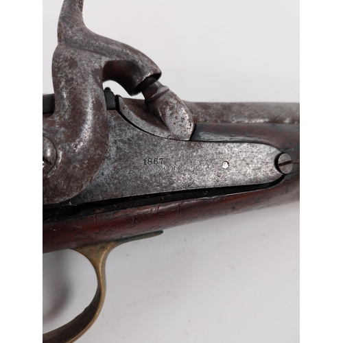 260 - 19th. C. percussion cap pistol with walnut stock, brass mounts metal ramrod and lanyard ring. Stampe... 