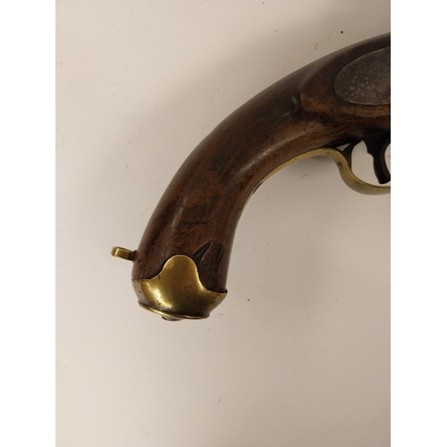 262 - 19th. C. percussion cap pistol with brass mounts, ramrod missing. { 44cm L overall. }.