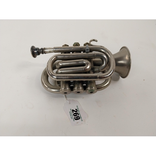 269 - Cornet,  mouth piece missing. { 22cm L overall. }.