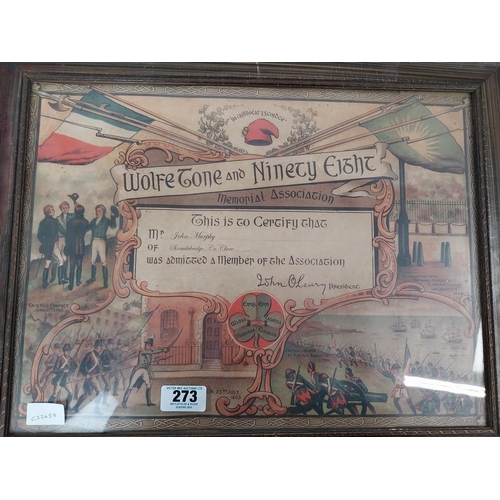 273 - Framed coloured print of Wolfe Tone and the 98 Memorial Association Certificate John Murphy {46 cm H... 