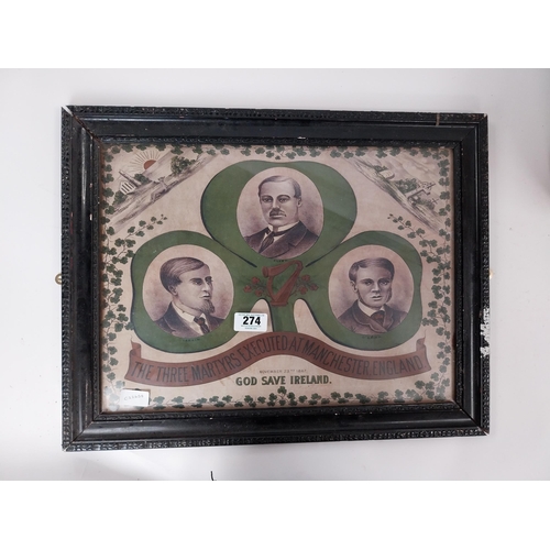 274 - The Three Martyrs executed Nov 23rd 1867 Larkin, Allen, O'Brien, God Save Ireland Framed coloured pr... 