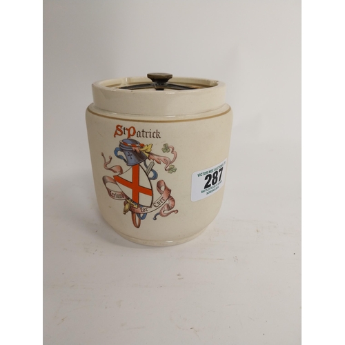 287 - St Patrick Ireland Forever ceramic lidded storage jar. {13 cm H x 12 cm Dia.}.