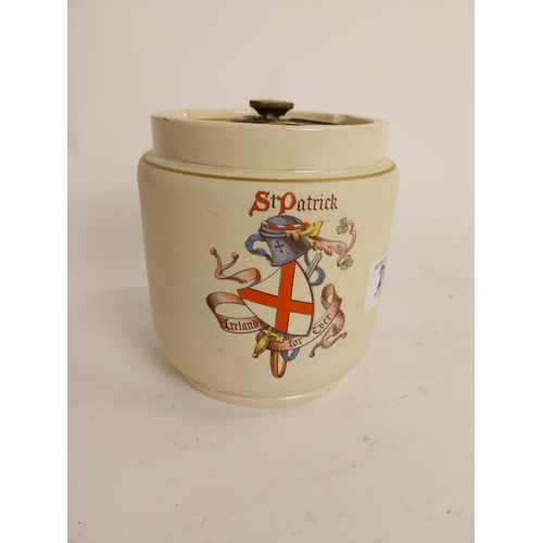 287 - St Patrick Ireland Forever ceramic lidded storage jar. {13 cm H x 12 cm Dia.}.