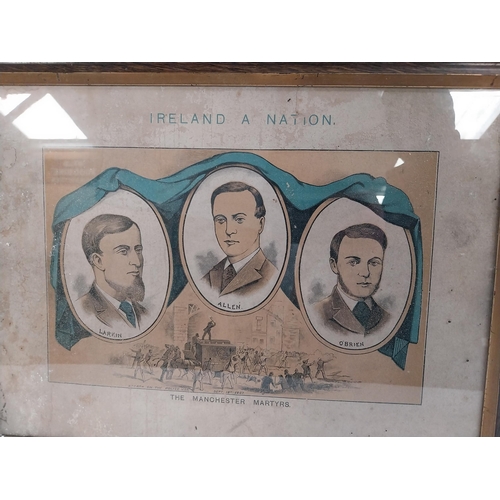 29 - Framed coloured print of the Manchester Martrys Larkin Allen and O'Brien. {42 cm H x 55 cm W}.