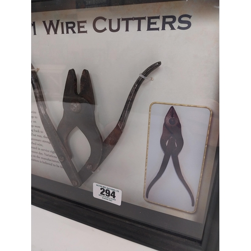 294 - MK1 Wire Cutters in framed montage.  {33 cm H x 43 cm W}.