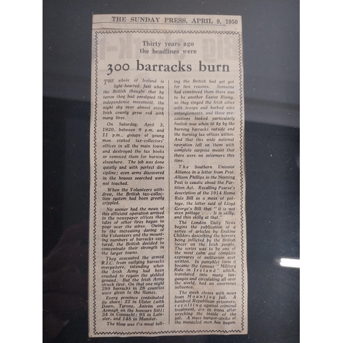 295 - Framed newspaper cutting The Sunday Press April 9th 1950 300 barrracks burn. {33 cm H x 28 cm W}.