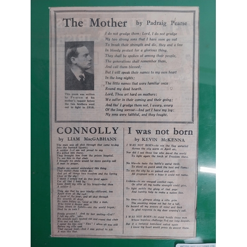 296 - Framed newspaper cuttings of The Mother by P H Pearse, Connolly by Liam MacGabhann and I was not bor... 