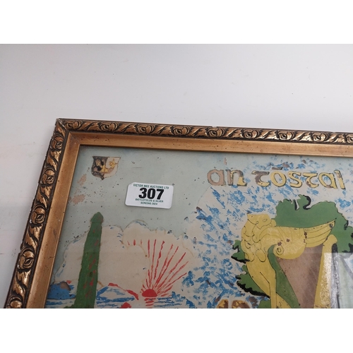 307 - Framed An Tostal Ireland on reverse painted glass sign. {34 cm H x 50 cm W}.