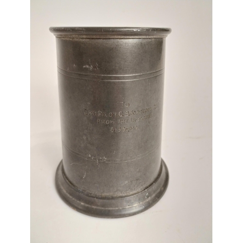 319 - WWII Pewter tankard inscribed Cmd Pilot C B Sleight RN 813 Squadron. {12 cm H x 11 cm W x 10 cm D}.