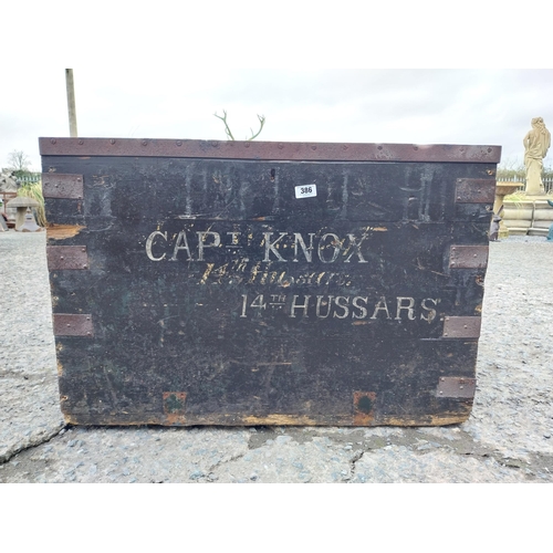 386 - Victorian iron bound Military Campaign Trunk 14th Hussars Property of Captain Knox Brittas Castle Th... 