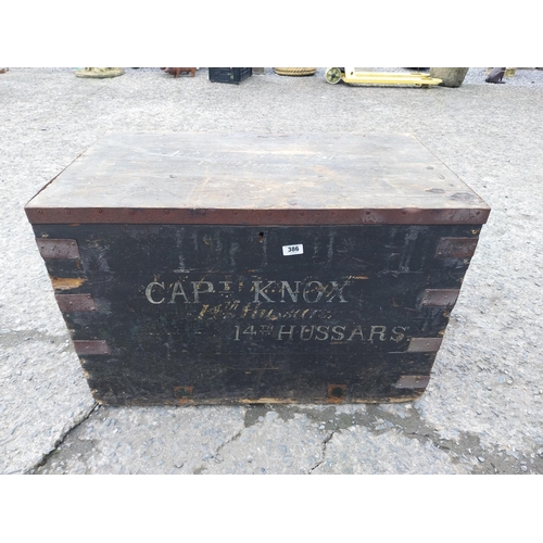 386 - Victorian iron bound Military Campaign Trunk 14th Hussars Property of Captain Knox Brittas Castle Th... 