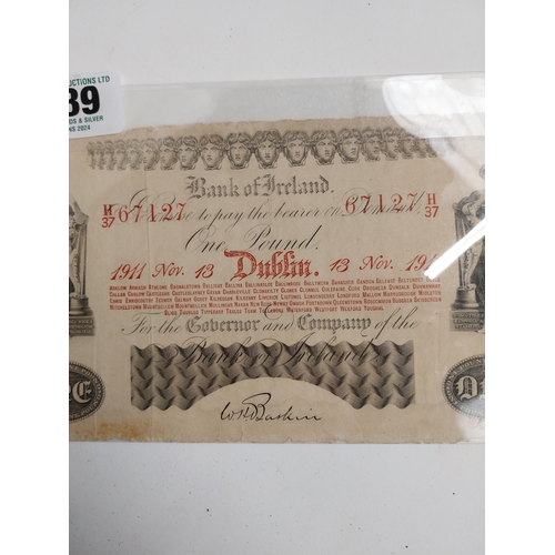 389 - 1911 Bank of Ireland �1 note H3767127 {12 cm H x 23 cm W}.