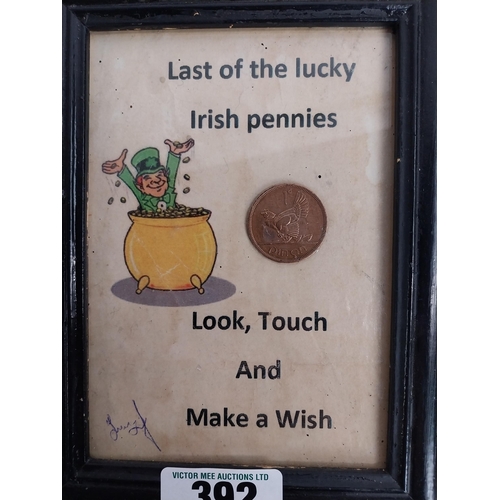 392 - Framed last of the Lucky Irish Pennies {21 cm H x 16 cm W}.