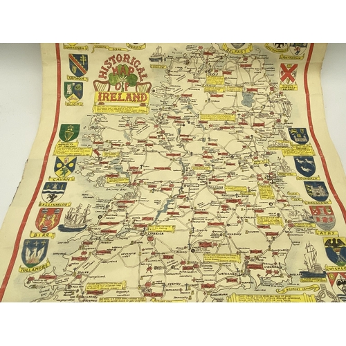 401 - Rare Prison Art hand drawn Map of Ireland depicting the City Crests, Abbeys, Cathedrals, Castles & R... 