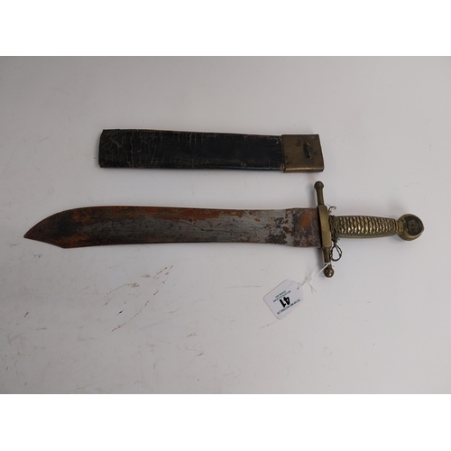 41 - 19th C. broad sword machete with leather scabbard. {56 cm L x 14 cm W}.