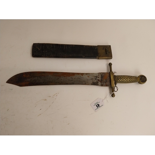 41 - 19th C. broad sword machete with leather scabbard. {56 cm L x 14 cm W}.