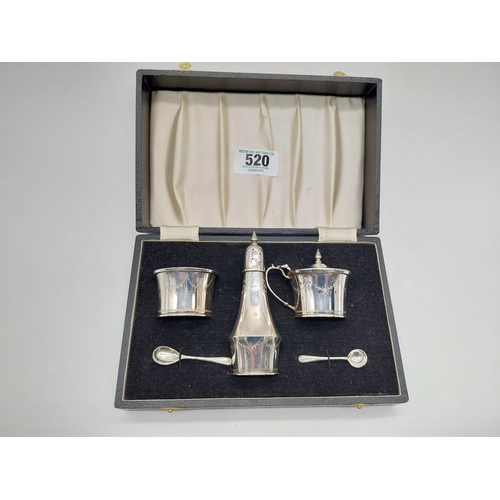 520 - English silver five piece cruet set in original presentation case with Bristol blue liner in mustard... 