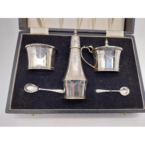 520 - English silver five piece cruet set in original presentation case with Bristol blue liner in mustard... 