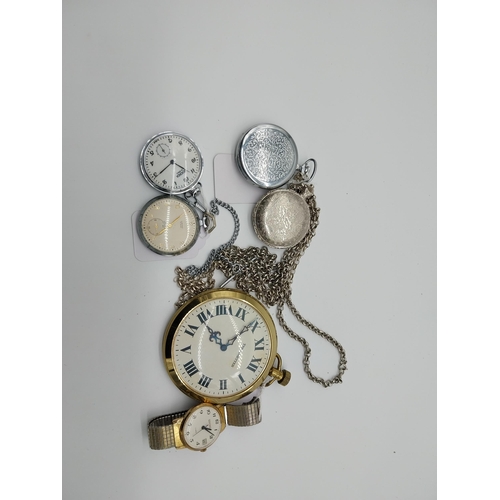 523 - Two Hunter white metal pocket watches, Two white metal fob watches with neck chains and Large travel... 