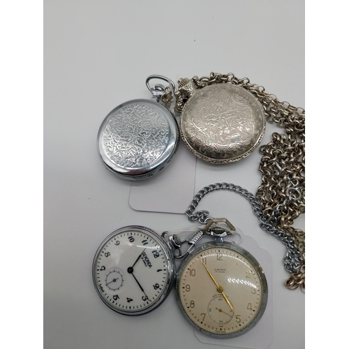 523 - Two Hunter white metal pocket watches, Two white metal fob watches with neck chains and Large travel... 