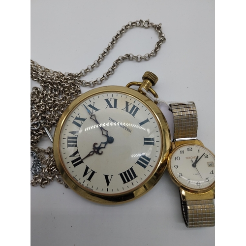 523 - Two Hunter white metal pocket watches, Two white metal fob watches with neck chains and Large travel... 