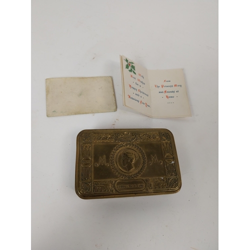 72 - WWI Princess Mary 1914 chocolate box with original card. {4 cm H x 15 cm W x 9 cm D}.