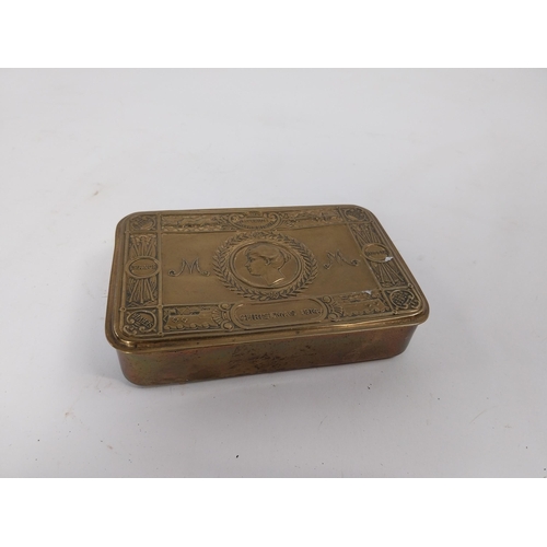 72 - WWI Princess Mary 1914 chocolate box with original card. {4 cm H x 15 cm W x 9 cm D}.