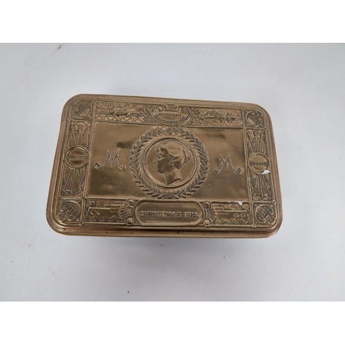 72 - WWI Princess Mary 1914 chocolate box with original card. {4 cm H x 15 cm W x 9 cm D}.