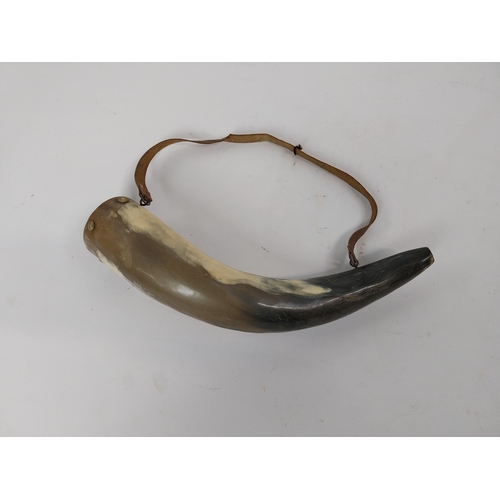 76 - 19th C. powder horn. {31 cm H x 7 cm Dia.}.