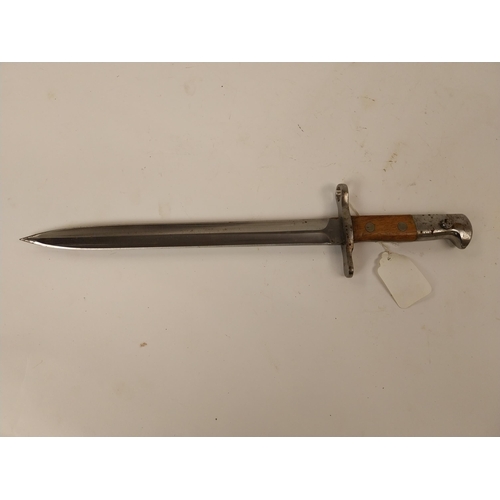 79 - Early 20th C. Elsener Schwyz Victoria Rifle Bayonet in original leather scabbard. {45 cm L}.