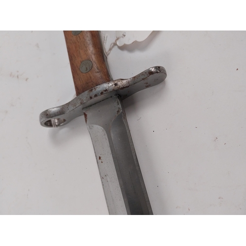 79 - Early 20th C. Elsener Schwyz Victoria Rifle Bayonet in original leather scabbard. {45 cm L}.