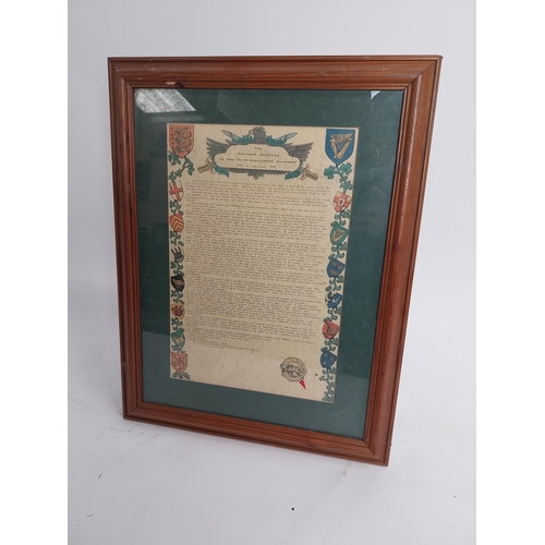 91 - The Ancient History of the Distinguished Surname McMahon framed coloured print. {58 cm H x 47 cm W}.