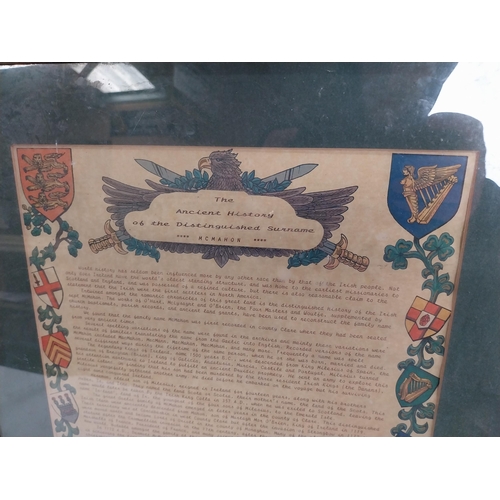 91 - The Ancient History of the Distinguished Surname McMahon framed coloured print. {58 cm H x 47 cm W}.