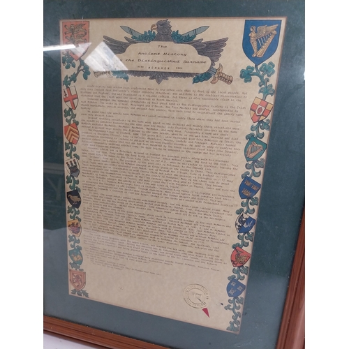 91 - The Ancient History of the Distinguished Surname McMahon framed coloured print. {58 cm H x 47 cm W}.