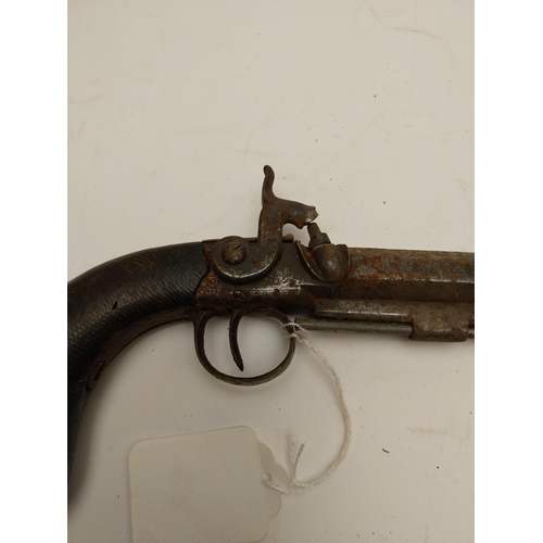 98 - 19th C. percussion capped long barrelled pistol. {30 cm L}.