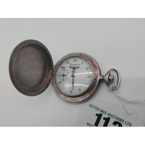 112 - German WWII Military Pocket Watch by Junghans, the white metal case with embossed swastika, the vers... 