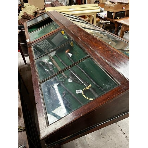 416A - 19th. C. glazed mahogany display cabinet with four lift up doors. { 105cm H X 243cm L X 119cm D }.