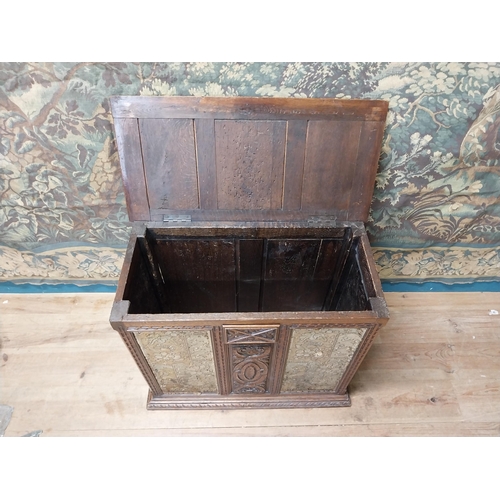 2 - 19th C. carved oak blanket box with tapestry panels {75 cm H x 85 cm W x 44 cm D}.