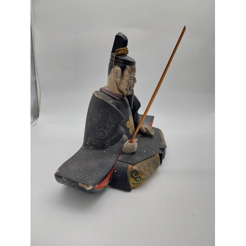 40 - Carved painted pine and lacquered figure of Scholar. {37 cm H x 50 cm D x 20 cm D}.