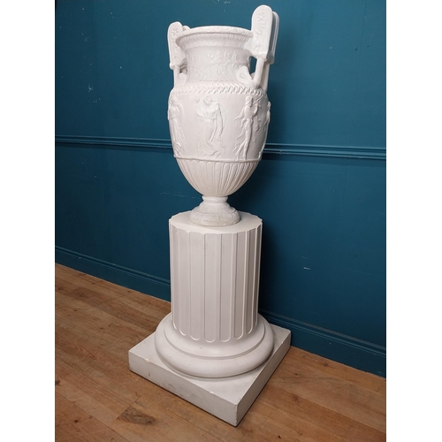 61 - 20th C. Grand Tour plaster Grecian Urn on Pedestal. {147 cm H x 56 cm W x 56 cm D}.