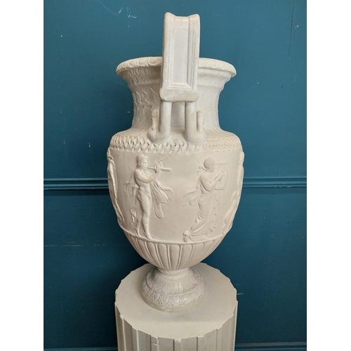 61 - 20th C. Grand Tour plaster Grecian Urn on Pedestal. {147 cm H x 56 cm W x 56 cm D}.