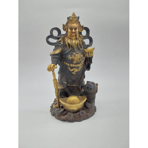 70 - Gilded bronze Chinese Emperor figure with Tiger. {33 cm H x 20 cm W x 17 cm D}.